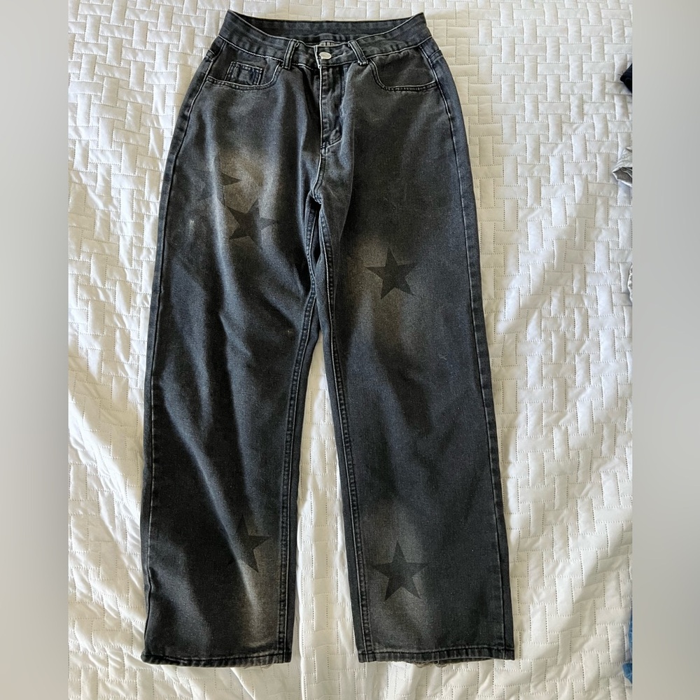 size small • grey/black denim • with stars